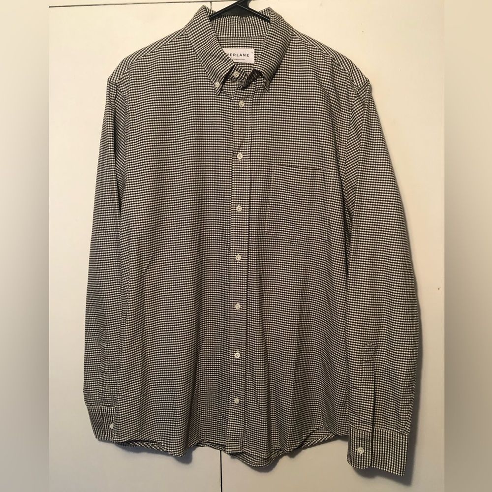 Everlane Mens XL Long Sleeve Button Down Cotton Shirt White And Dark Green Check